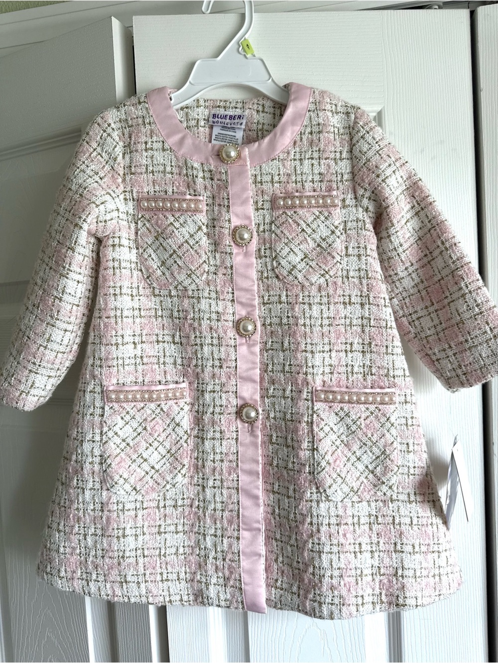 Blueberi Boulevard Pink Tweed Pearl-Button Coat